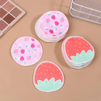 〔HBA16〕 10 Pcs Makeup Remover Pads Washable Double-Layer Strawberry Print Cleaning Cotton Reusable Facial Make Up Removal Pads