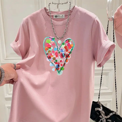 Summer Fashion Hand-Painted Polka Dot Printing T-shirts Women Pure Cotton O-neck Short Sleeve Top Tees Casual Loose Pullover