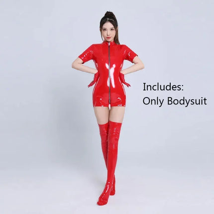 PU Faux Leather Bodysuit Catsuit With Gloves and Stocking PVC Latex Bodysuit Sexy Zip Erotic Women Lingerie Jumpsuit Clubwear