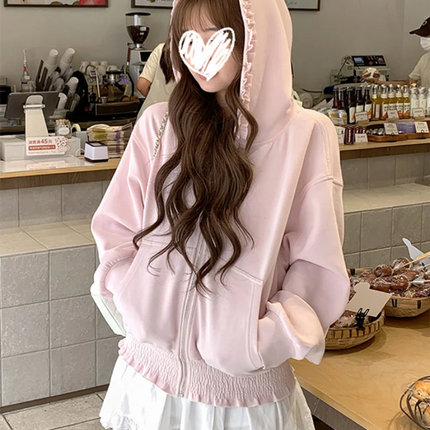 Korean Pink Zipper Hooded Sweatshirt for Women's Cute Outerwear Cardigan with Ruffle Edge Long Sleeved Top Loose Hoodie