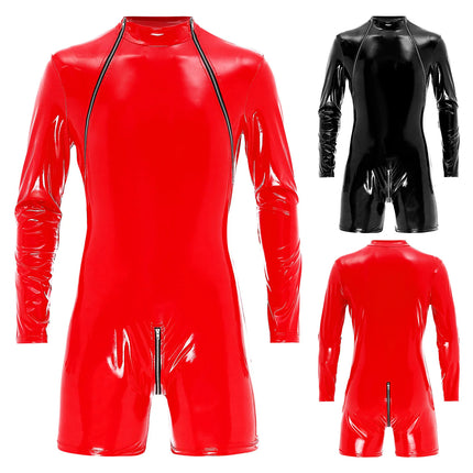 Latex Leotard Bodysuit Men's One Piece Wet Look PVC Leather Zipper Crotch Jumpsuit Romper Long Sleeve Wrestling Singlet Clubwear