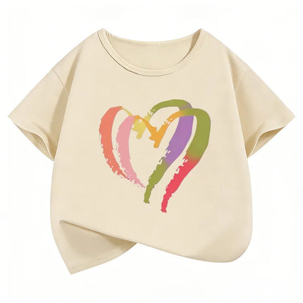 Colorful Love Heart Fashion Crew Neck Short Sleeve T Shirts Kids Children's T-shirt Boys Girls Summer Spring Casual Top Tee