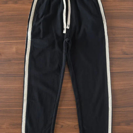 Spring Autumn American Retro Drawstring Knitted Striped Sweatpants Men's Simple 100% Cotton Sports Casual Loose Straight Pants