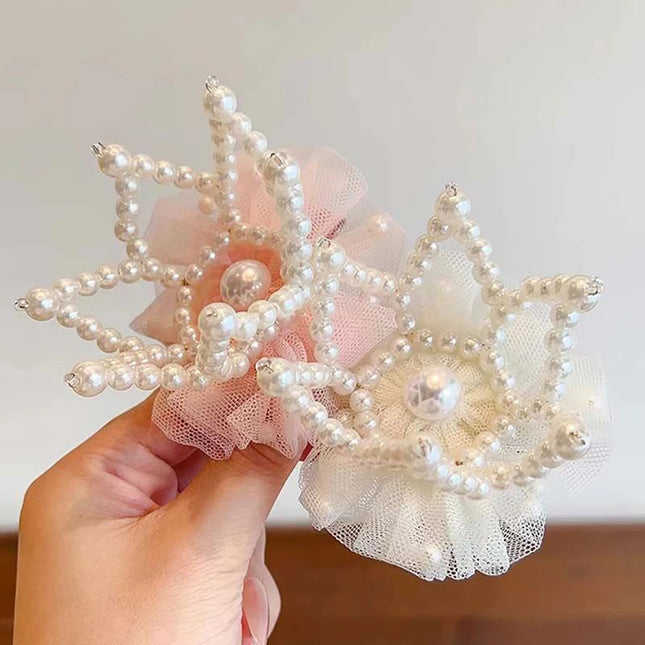 Crown Pearl Hair Clips for Baby Girl Cute Mesh Gauze Fairy Hairpins Korean Barrettes Kids Hair Accessories Headwear