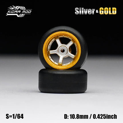 1/64 Model Car Gold and Silver Wheels with Fixed Rubber Tires Comes with Rivets for Diecast Model Refitting Parts for Hot Wheels