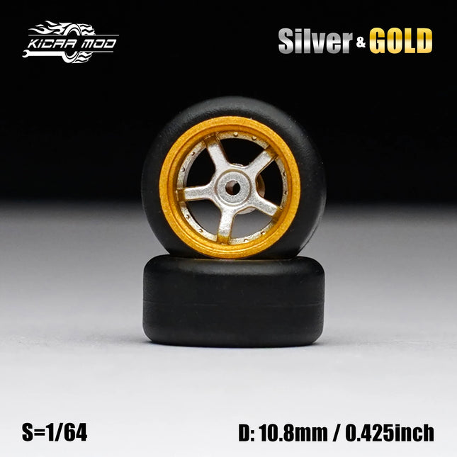 1/64 Model Car Gold and Silver Wheels with Fixed Rubber Tires Comes with Rivets for Diecast Model Refitting Parts for Hot Wheels