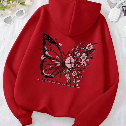 Women's Pink Butterfly Impossible Letters Pattern Printed Sweatshirt Fashion Warm Hoodie Loose Casual Hoodie Soft Clothing Y2K
