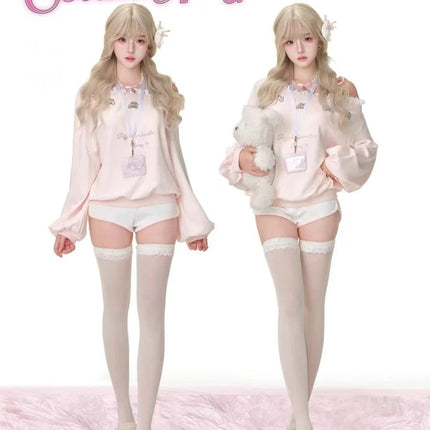 Japanese Kawaii Pink Sweatshirt Women Off Shoulder Lace Bow Long Sleeve Top Sweet Girl Design Fashion Soft Cute Casual Pullover