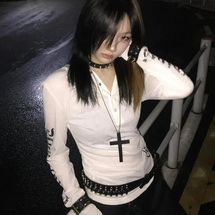 Seeslim Hooded Print Letter Graphic T Shirts Woman Clothes Youthful Long Sleeve 2000s Clothes Y2k Tees Female Clothing Autumn
