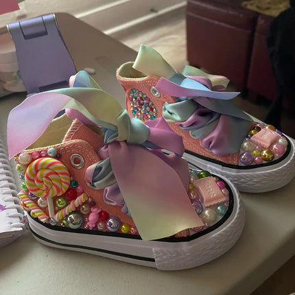 Handmade Rhinestones Bling Girls Women Kids And Mother Candy Canvas Shoes Pearls Sneakers For Girl Birthday Party Wedding