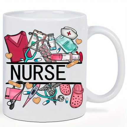 Nurse Themed 11 Ounce Ceramic Coffee Mug - Reusable, Insulated Travel Mug with Medical Illustrations, Hand Wash Only - White