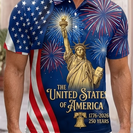 Men Women USA 250 Statue Of Liberty Print Couple Polo Shirt American Flag Patriotic Casual Sportswear For Independence Day Polo