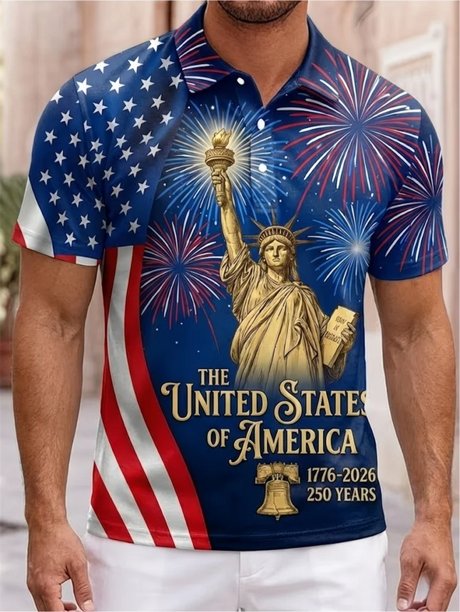 Men Women USA 250 Statue Of Liberty Print Couple Polo Shirt American Flag Patriotic Casual Sportswear For Independence Day Polo