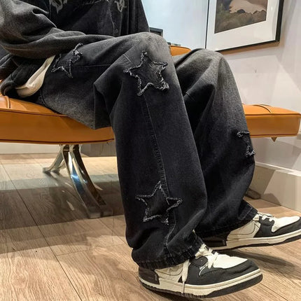 New Men's Star Embroidered Fashion Baggy Jeans Y2K Streetwear Hip Hop Oversize Straight Loose Denim Trousers Wide Leg Pants