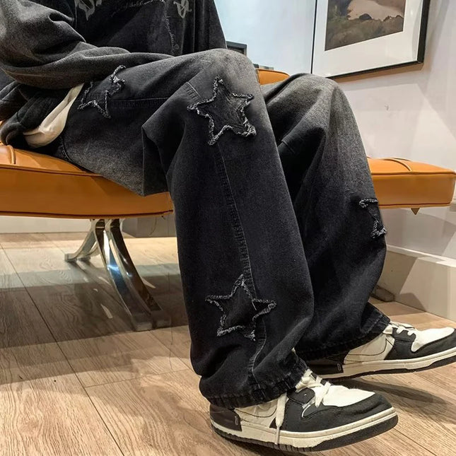 New Men's Star Embroidered Fashion Baggy Jeans Y2K Streetwear Hip Hop Oversize Straight Loose Denim Trousers Wide Leg Pants