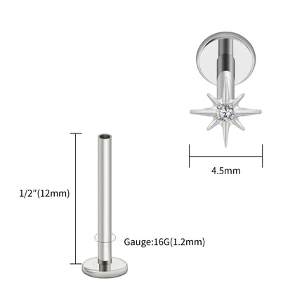 Right Grand ASTM F136 Titanium CZ North Star Flat Back Earring 16G Tiny Starburst Helix Cartilage Stud Earlobe Piercing Jewelry