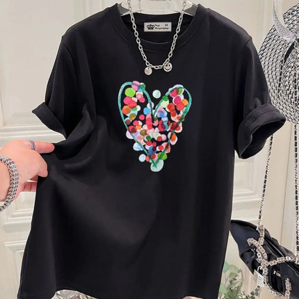 Summer Fashion Hand-Painted Polka Dot Printing T-shirts Women Pure Cotton O-neck Short Sleeve Top Tees Casual Loose Pullover