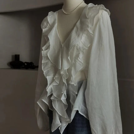 ETJ 2025  Women's Spring collection Beautiful Layered blouse Stylish sexy translucent ruffled V-neck long-sleeved shirt