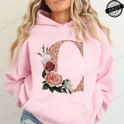 Rose Gold Letter A~Z Printed Women's Sweatshirts Hoodie Fashion Women Hooded Hoodies Casual Harajuku Streetwear Pink Clothing