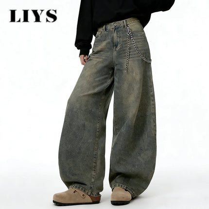 LIYS American Retro Baggy Wide Leg Jeans Men's Streetwear Distressed Y2K Clothing Casual Daily Four Seasons Denim Pants Unisex