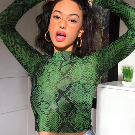 Casual Green Snake Print T Shirt Women Mesh Top Long Sleeve Transparent Snakeskin Female T-shirt High Neck Crop Tops