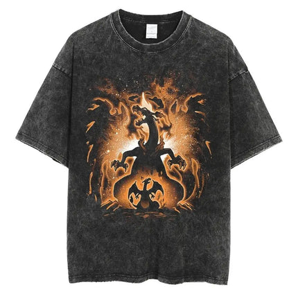 Pokemon Charizard T Shirt Men 2026 Summer Vintage Acid Wash Oversized Tee Japanese Anime Streetwear Hip Hop Harajuku Y2k