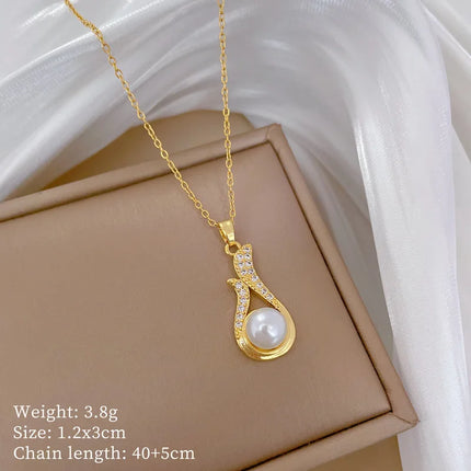 XIYANIKE316L Stainless Steell Necklace Earring Set For Women Pearl Zircon Water Droplet Design Personal Clavicle Chain Ear Studs