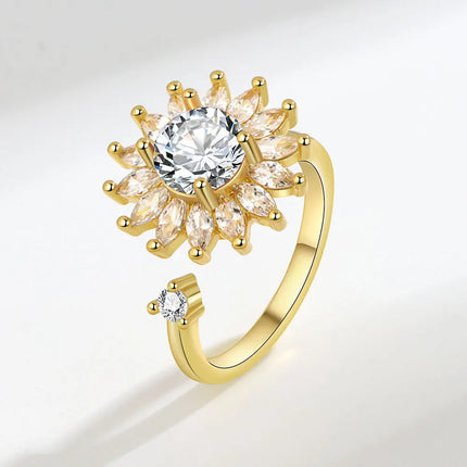 VENTFILLE 925 Sterling Silver Sunflower Diamond Zircon Rotatable Ring For Women Gift Relieve Stress Ring Jewelry Wholesale