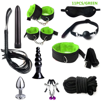 BDSM Sex Kits Bdsm Bondage Adults Sex Toys For Women Men Handcuffs Nipple Clamps Whip Spanking Sex Metal Anal Plug Vibrator Butt