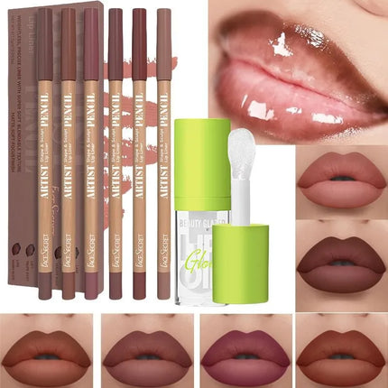 BEAUTY GLAZED 6Pcs Matte Waterproof Lipliner Set+Lip Oil  Lip Essence Lip Oil Plumping Lip Tint Lip Care Lip Gloss Glaze Makeup