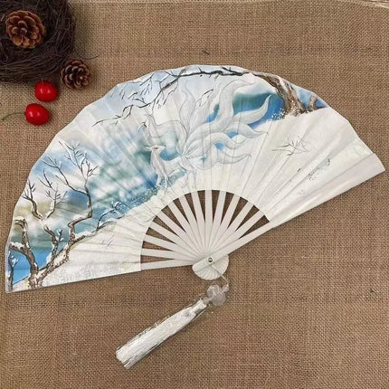 Chinese Style Folding Fan Classical Dancing Cloth Fan Vintage Plastic Animal Dragon Printing Hand Held Fans Photo Props Cosplay
