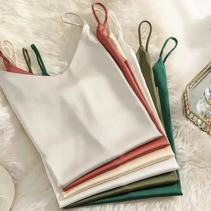 2026 Spaghetti Strap Top Women Halter V Neck Basic White Cami Sleeveless Satin Silk Tank Tops Women's Summer Camisole Crop Top