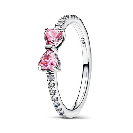 925 Sterling Silver Pink Bow Jewelry Set Ring Earrings Bracelet Necklace for Women Birthday Gift