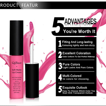 QIBEST Sexy Velvet Matte Lip Gloss Liquid Lipstick Lipgloss Beauty Red Nude Waterproof Long-lasting Lip Stain Makeup For Women