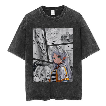 Anime Frieren: Beyond Journey's End Graphic Washed Vintage T-shirt Men's Women Fashion Short Sleeve Cotton Casual Loose T Shirts