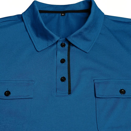 Summer Men's Short-Sleeve Polo Shirt Casual Solid Color Turn-Down Collar T-Shirt Pullover Top Henley Shirt with Pockets
