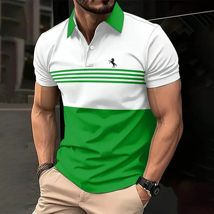 Business men's polo shirt, summer casual short-sleeved T-shirt with top striped pattern button print, loose clothing fashion polo