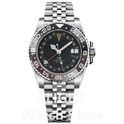 BLIGER 40mm 515 24H GMT Men's Watch Stainless Steel Clasp Luminous Quartz Movement Ceramic Bezel Sapphire Glass 10Bar Waterproof