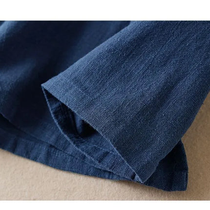 Retro Artistic Women's Long Sleeve Cotton Linen Loose Slim Fit Shirt Stand Collar Side Button Geometric Pattern Elegant Style