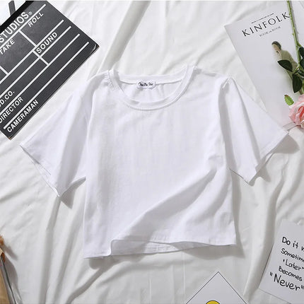 Summer Short Sleeve T Shirts Women  Solid T-shirt O Neck High Waist Crop Top Tee Female Casual Loose T Shirt