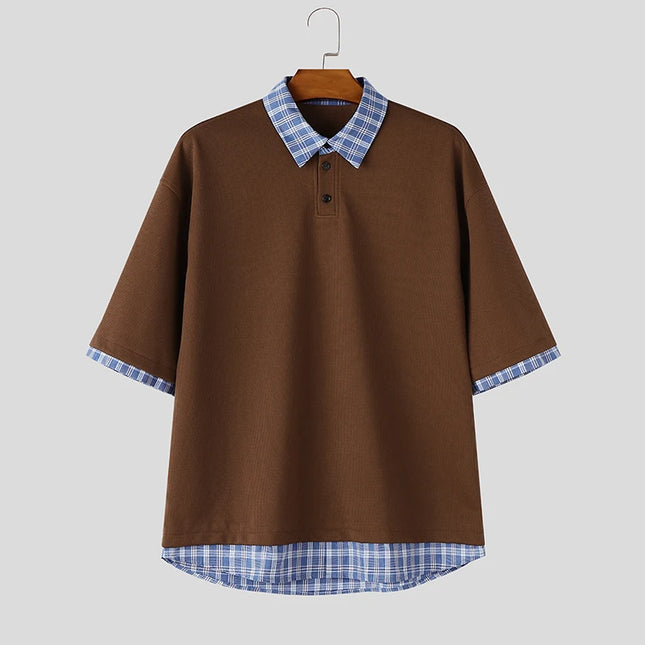 INCERUN Men's Shirt Plaid Patchwork Lapel Short Sleeve Casual Men Clothes Summer Streetwear Loose Korean Style Shirts For Man