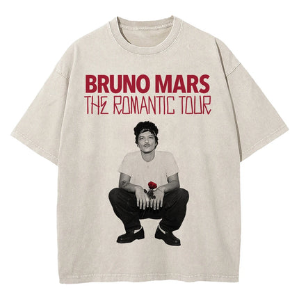 100% Cotton Vintage Washed Bruno Mars The Romantic Tour 2026 T Shirt Fashion Men Aesthetic Oversized Loose Acid Wash Tees Shirts