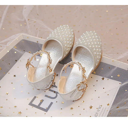 Girls High Heeled Shoes for Wedding Party Glitter Rhinestone Pendants Shiny Glitter Fashion Princess Kids Leather Dress Shoes