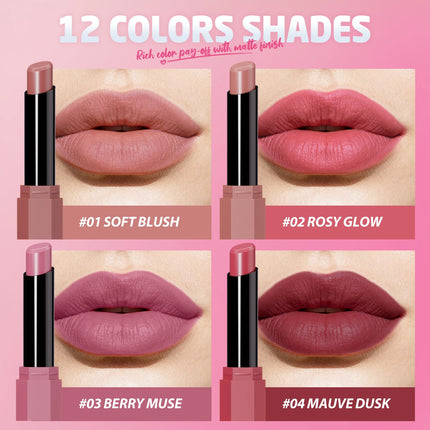 Peach Nude Velvet Matte Lipstick 12 Color Waterproof Lipstick Pencil Long-Lasting Highly-Pigment Rose Wood Lip Stain Tint Makeup