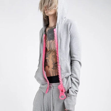 Y2K Streetwear Oversized Pink Zipper Gray Hoodie Fashion Retro Punk Design Hooded Jacket Harajuku Aesthetic Trendy Sweatshirt