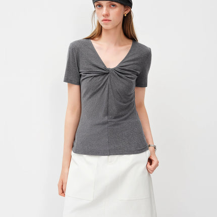 FSLE 2026 Spring Summer Women's Slim Fit V-Neck Short Sleeve Knit Top Mulberry Silk Cupro Blend Shirt for Lightweight Soft Touch