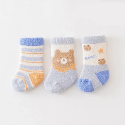3 Pairs Kids Winter Socks Cute Cartoon Bear Rabbit Thick Plush Warm Middle Tube Socks for Boy Girl Newborn Anti-Cold Sleep Socks