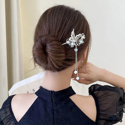 Pink Flower Butterfly Hair Pin Pearls Hair Sticks Forks Gold Color Alloy Headpiece Women Girls Hanfu Dress Chinese Hair Jewelry