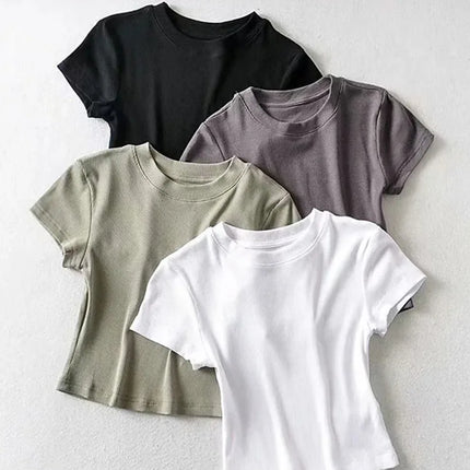 Summer Sexy Women's O-neck Short-sleeve T-shirt Slim Elastic Skinny Crop Tops