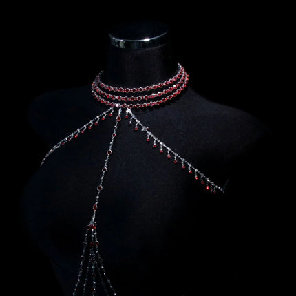 Red Tassel Gem Nipple Clamps Erotic Collar Body Chain Chest Restraint BDSM Women's Sexy Body Accessories Fetish Adult Sex Toys